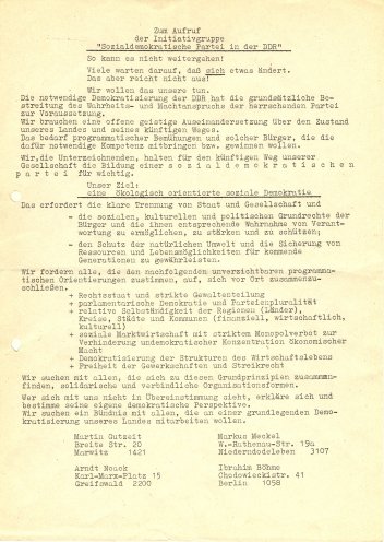 Aufruf der Initiativgruppe zur Gründung einer Sozialdemokratischen Partei in der DDR. Quelle: Robert-Havemann-Gesellschaft
