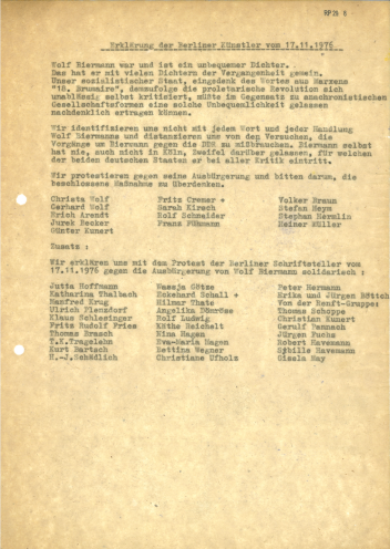 „Wir protestieren“: Offener Brief der Berliner Künstler mit der Bitte um die Rücknahme der Ausbürgerung Wolf Biermanns vom 17. November 1976. Quelle: Robert-Havemann-Gesellschaft/RP/29