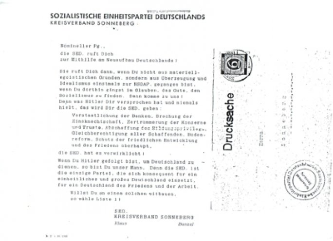 „Wenn Du Hitler gefolgt bist, um Deutschland zu dienen, so bist Du unser Mann!“ Im Vorfeld der Landtagswahlen vom 20. Oktober 1946 in der Sowjetischen Besatzungszone wirbt die SED um ehemalige NSDAP-Mitglieder. Diese Wahlen sind die letzten einigermaßen...