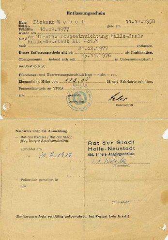 Dietmar Webels Haftentlassungsschein vom 18. Februar 1977.