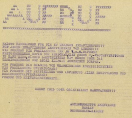 Die Aktionsgruppe Mahnwache Berlin Gethsemanekirche ruft zur Teilnahme und Organisation von Mahnwachen für die zu Unrecht Inhaftierten auf.