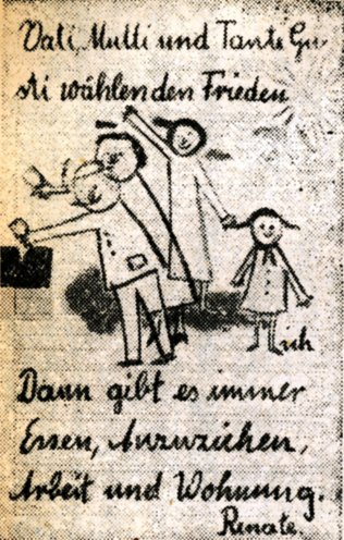 Vor den Wahlen zur Volkskammer am 15. Oktober 1950 wird eine Kinderzeichnung als Vorbild für die Themengestaltung im Schulunterricht benutzt. Quelle: Der große Wahlbetrug am 15. Oktober 1950 in der sowjetischen Besatzungszone, hrsg. v. Bundesministerium...