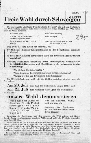 Freie Wahl durch Schweigen: Mit dem Aufruf, am 20. und 21. Juli 1950 Vergnügungslokale zu boykottieren, fordert die KgU auf, gegen Diktatur und Terror zu protestieren. Quelle: Robert-Havemann-Gesellschaft (BStU-Kopie), Seite 2 von 2