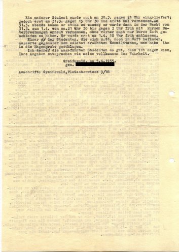 Bericht eines Medizinstudenten über die Vorkommnisse vom 30. und 31. März 1955. Quelle: Universitätsarchiv Greifswald, Seite 2 von 2