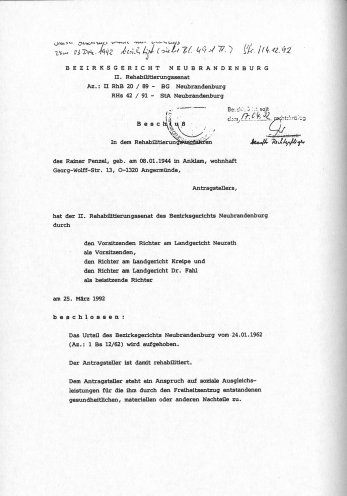 Am 25. März 1992 wird Rainer Penzel vom Bezirksgericht Neubrandenburg rehabilitiert. Quelle: Privat-Archiv Rainer Penzel