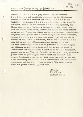 Am 29. August 1968 registriert die Transportpolizei Losungen gegen den Einmarsch der Warschauer-Pakt-Truppen in die CSSR im Bahnhof von Pritzwalk. Quelle: BStU, MfS, BV Schwerin, AU 11/69, GA Bd. 4, Bl. 2, Seite 2 von 2