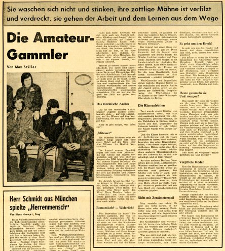„Die Amateur-Gammler“: Die DDR-Medien ziehen gegen die Beatfans zu Felde. Langhaarige werden als Staatsfeinde und Kriminelle abgestempelt. Quelle: Neues Deutschland, 17. Oktober 1965, S. 12
