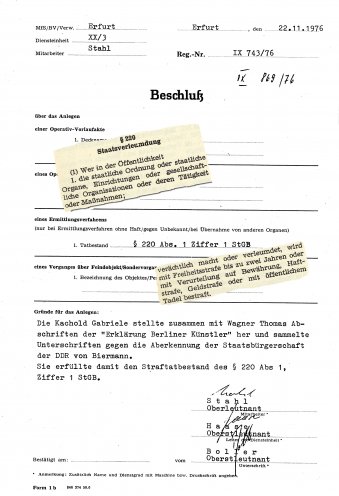 Die Staatssicherheit bereitet die Verurteilung von Thomas Wagner und Gabriele Kachold-Stötzer vor. Quelle: Bundesarchiv / Stasi-Unterlagen-Archiv
