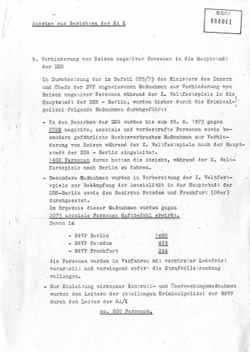 „Unerwünschte Personen“ sollen nicht nach Berlin reisen: Auszug aus einem Bericht der Hauptabteilung Kriminalpolizei über die Vorkehrungen, die im Vorfeld der X. Weltfestspiele getroffen werden. Quelle: BStU, MfS, HA IX Nr. 5355, Seite 1 von 3