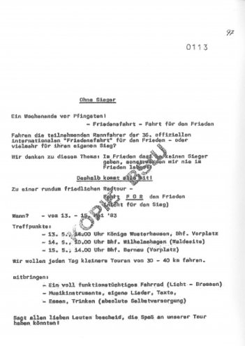 Unter dem Motto „Friedensfahrt ohne Sieger“ organisieren Ostberliner Friedens- und Umweltaktivisten vom 13. bis 15. Mai 1983 mehrere Radtouren als Gegenveranstaltung zur offiziellen 36. internationalen Friedensfahrt. Quelle: BStU, MfS, OV/AOP 17674/85