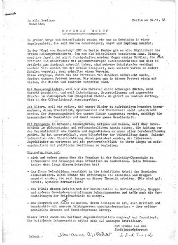 Offener Brief des Stadtjugendpfarramts Berlin zur Ossietzky-Schulen-Affäre (4. November 1988). Quelle: Facts & Files