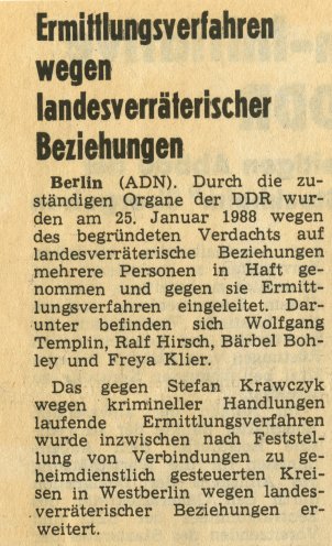 „Landesverräterische Beziehungen“: So wird die DDR-Bevölkerung über die Verhaftungen auf und nach der Luxemburg-Liebknecht-Demonstration informiert. Quelle: Neues Deutschland, 26. Januar 1988