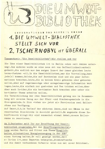 Umweltthemen drängen auch in der DDR: Die erste Ausgabe der Umweltblätter erscheint unter dem Titel „Umwelt-Bibliothek – Informationen und Mitteilungen“ im September 1986. Quelle: Robert-Havemann-Gesellschaft