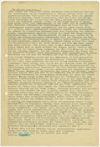 „Es muß was geschehn …“: Artikel von Katharina Führer über das Friedensgebet am 11. September 1989 in der Leipziger Nikolaikirche und die anschließenden brutalen Übergriffe der Polizei auf die Teilnehmer des Friedensgebets (11. September 1989)....