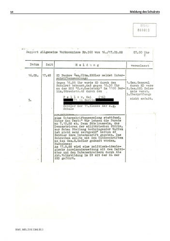 Meldung des Schulrats der Carl-von-Ossietzky Schule an das Ministerium für Staatssicherheit vom 16.9.1988. Quelle: BStU, MfS, ZOS 3280, Bl. 3.