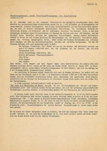 Die Leipziger Oppositionsgruppen informieren über die Verhaftungen im Anschluss an die Montagsdemonstration am 4. September 1989. Quelle: Robert-Havemann-Gesellschaft/RHG/RG/B/9_3