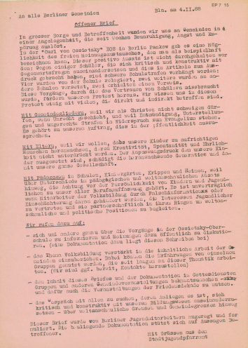 Offener Brief des Stadtjugendpfarramts Berlin zur Ossietzky-Schulen-Affäre vom 4. November 1988. Quelle: RHG/ EP 07