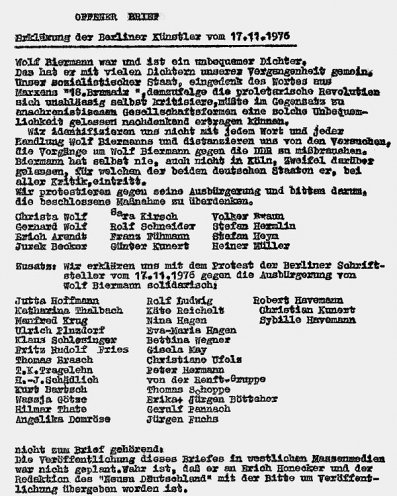 „Wir protestieren“: Offener Brief der Berliner Künstler mit der Bitte um die Rücknahme der Ausbürgerung Wolf Biermanns vom 17. November 1976.