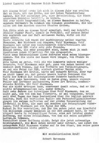 „Um Schmach und Schaden abzuwenden“: Offener Brief von Robert Havemann an Erich Honecker vom 17. November 1976, vier Tage später im westdeutschen Nachrichtenmagazin Spiegel erschienen. Robert Havemann fordert hierin die Rücknahme der Ausbürgerung...