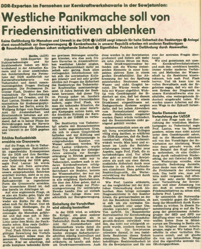 „Westliche Panikmache“: Nach der Reaktorkatastrophe von Tschernobyl spielt die parteiamtliche Presse die Gefahren herunter. Hier ein Beispiel aus der FDJ-Zeitung. Quelle: Junge Welt vom 2. Mai 1986