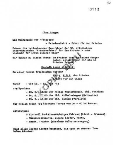 Unter dem Motto „Friedensfahrt ohne Sieger“ organisieren Ostberliner Friedens- und Umweltaktivisten vom 13. bis 15. Mai 1983 mehrere Radtouren als Gegenveranstaltung zur offiziellen 36. internationalen Friedensfahrt.