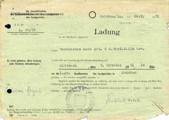 Vorladung für Achim Beyer zur Hauptverhandlung der 1. Großen Strafkammer am Landgericht Zwickau (3. Oktober 1951).