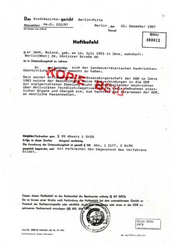 Haftbefehl gegen den West-Berliner Roland Jahn vom 22. Dezember 1987. Quelle: Bundesarchiv / Stasi-Unterlagen-Archiv