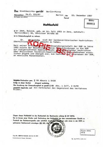 Haftbefehl gegen den West-Berliner Roland Jahn vom 22. Dezember 1987.