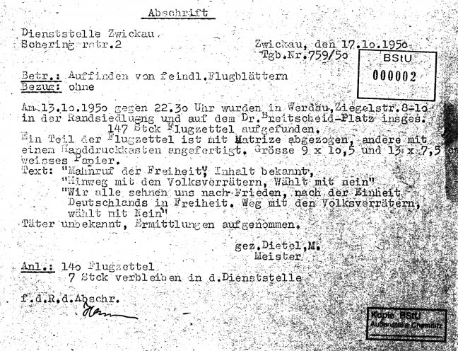 Detailliert vermerkt die Volkspolizei den Fund von Flugblättern gegen die Volkskammerwahl vom 15. Oktober 1950 in Werdau. Quelle: BStU, Ast Chemnitz