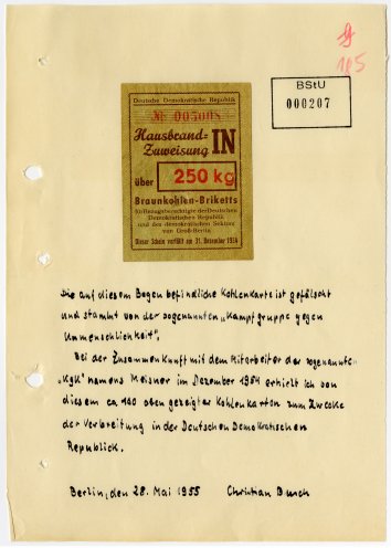 Um das SED-Regime zu schwächen, bringt die KgU gefälschte Kohlemarken in hoher Auflage in Umlauf. Quelle: BStU, MfS, AU 164/55, Bd.20