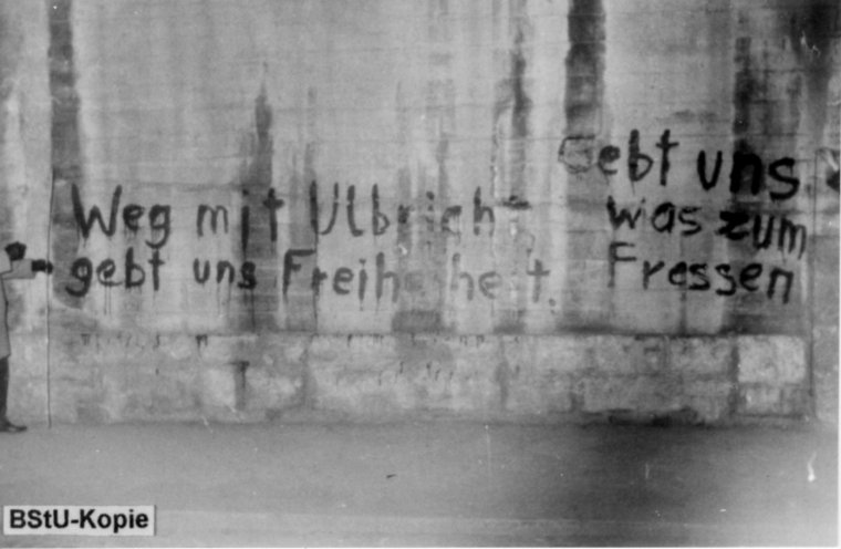 Sie haben die Schnauze voll: Sechs junge Arbeiter aus Jena werden gegen das SED-Regime aktiv. Am 8. Dezember 1962 malen sie diese Parolen an die Wände einer Bahnunterführung und eines Hauses in Jena. Quelle: BStU, MfS, Ast Gera AUV 1862/63 GA/HA Bd....
