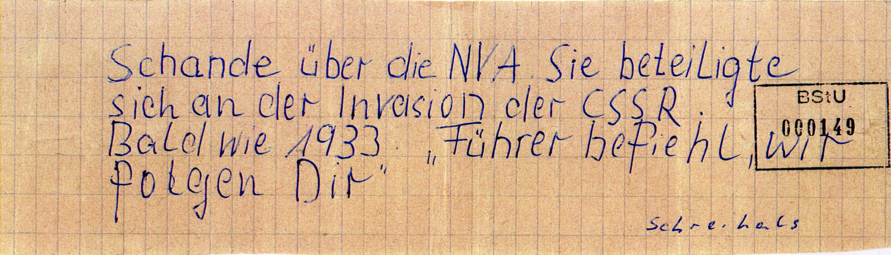 In Schwerin schreibt ein 21-jähriger Flugblätter gegen den Einmarsch der Warschauer-Pakt-Truppen in die CSSR und verteilt diese in Hausbriefkästen in seiner Wohngegend. Quelle: BStU, MfS, BV Schwerin, AU 11/69, GA Bd. 3, Bl. 149, Seite 3 von 10