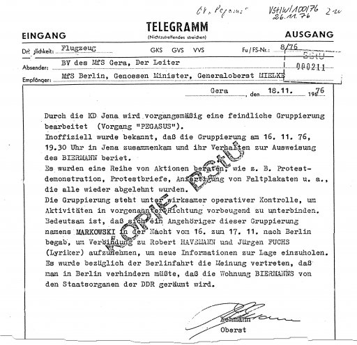 Vorgang „Pegasus“: In einem Telegramm lässt sich Stasi-Chef Erich Mielke persönlich über die Aktivitäten der Jungen Gemeinde in Jena unterrichten. Quelle: BStU, MfS, Ast. Gera 740/77, Bd. 3