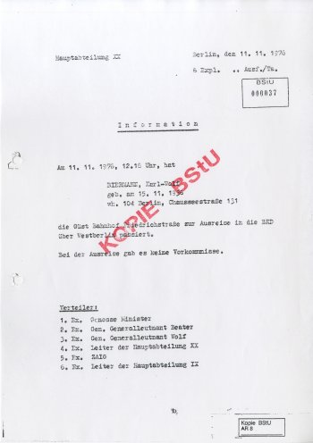 Von der Staatssicherheit registriert: Am 11. November 1976, um 12 Uhr 15 hat Wolf Biermann die Grenze passiert. Quelle: BStU, MfS, HA XX/9 1076