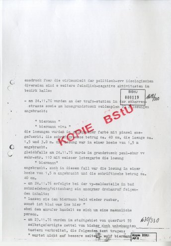Biermann ist in aller Munde: Die Staatssicherheit hat in Halle viel zu tun. Seite 2 von 4, Quelle: HA XX, AKG 877, Bl. 118