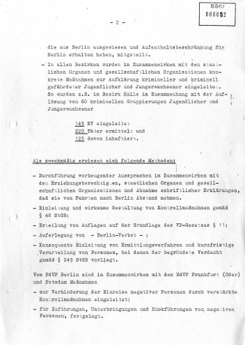 „Unerwünschte Personen“ sollen nicht nach Berlin reisen: Auszug aus einem Bericht der Hauptabteilung Kriminalpolizei über die Vorkehrungen, die im Vorfeld der X. Weltfestspiele getroffen werden. Quelle: BStU, MfS, HA IX Nr. 5355, Seite 2 von 3