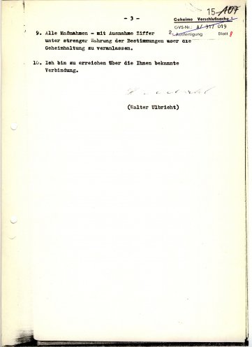 Walter Ulbricht, Vorsitzender des Nationalen Verteidigungsrates der DDR, befiehlt die Herstellung der erhöhten Einsatzbereitschaft. Seite 3 von 3
