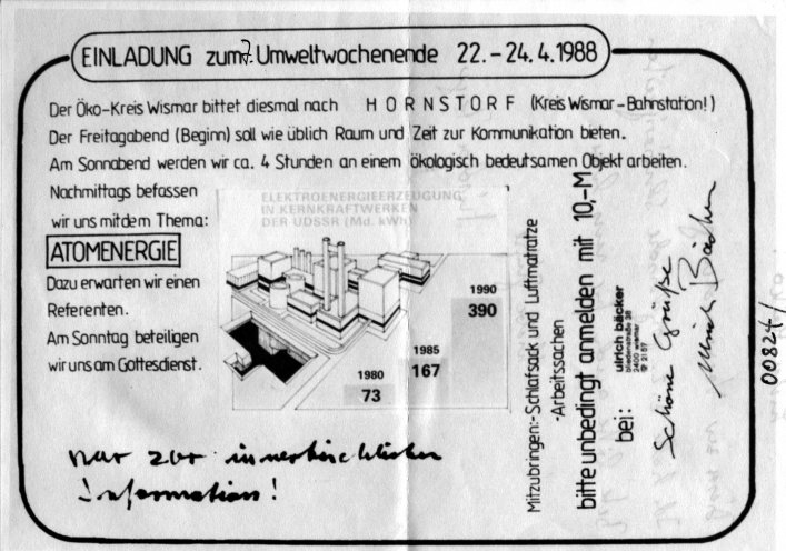 Über die Risiken der Atomkraft gibt es in der DDR keine öffentliche Diskussion. Besonders nach der Reaktorkatastrophe von Tschernobyl versuchen Umweltgruppen mit eigenen Veranstaltungen auf die Gefahren und Risiken der Technologie hinzuweisen. So auch...