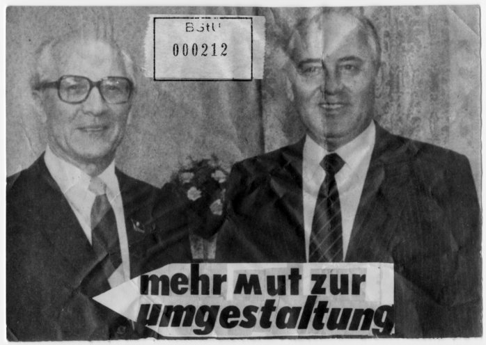 Ein von Unbekannten angefertigter Handzettel gegen das Verbot der Zeitschrift Sputnik. Im Bild: Erich Honecker (links) und Michail Gorbatschow. Quelle: BStU, MfS, BV Berlin Abt. XX Nr. 3791