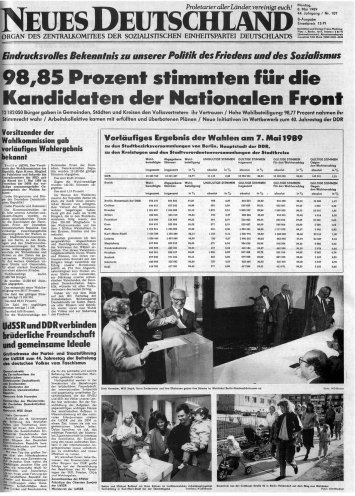 Wahlfälschung am 8. Mai 1989: Titelseite des ND am Tag nach der Kommunalwahl. Quelle: Neues Deutschland vom 8. Mai 1989, Seite 1