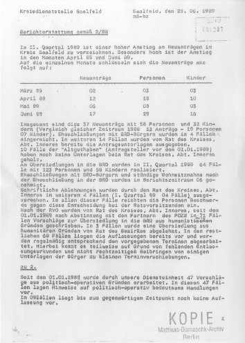 Bericht der MfS-Kreisdienststelle Saalfeld über den Anstieg von Ausreiseanträgen im zweiten Quartal 1989 (28. Juni 1989). Quelle: Robert-Havemann-Gesellschaft (BStU-Kopie)