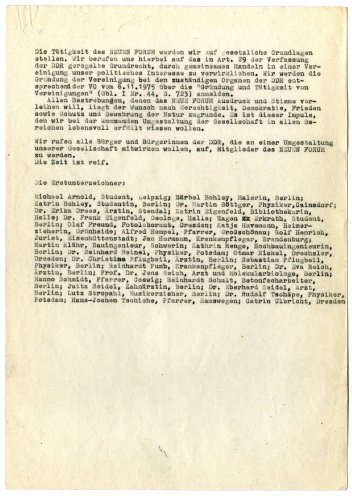 „Die Zeit ist reif!“ Gründungsaufruf des Neuen Forums „Aufbruch 89“ (September 1989). Seite 2 von 2. Quelle: Robert-Havemann-Gesellschaft / RHG_Fak_0436_a