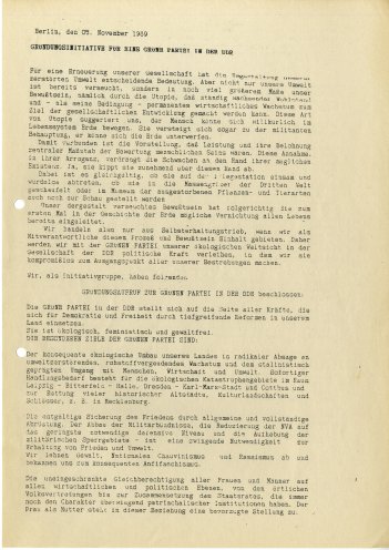 Erklärung der Gründungsinitiative für eine Grüne Partei in der DDR (5. November 1989). Quelle: Robert-Havemann-Gesellschaft, Seite 1 von 2, RHG_Fak_0941
