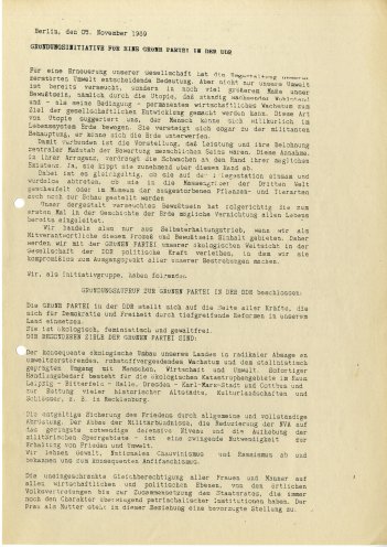 Erklärung der Gründungsinitiative für eine Grüne Partei in der DDR (5. November 1989). Quelle: Robert-Havemann-Gesellschaft, Seite 1 von 2