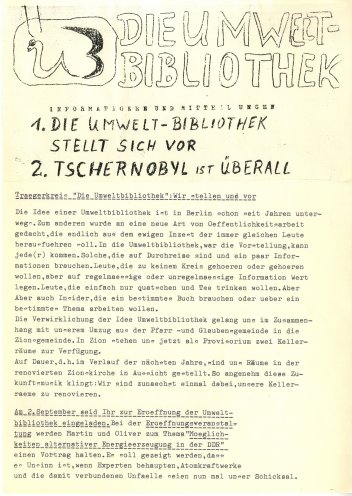 Erste Ausgabe des Informationsblattes der UB. Über Ursachen und Folgen des Super GAUs von Tschernobyl 1986 wird in der DDR offiziell so gut wie nicht informiert. Die Ostdeutschen sind höchst beunruhigt, fragen nach möglichen Verhaltensweisen und sicheren...