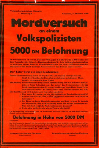 Keine Chance für Hermann Joseph Flade: Die Polizei macht aus der Abwehraktion mit dem Taschenmesser einen Mordversuch an einem Volkspolizisten und fahndet mit diesem Plakat nach dem Schüler. Zwei Tage nach der Aktion wird er verhaftet. Quelle: BStU,...