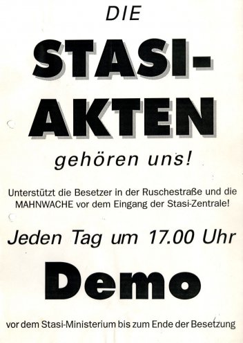Aufruf zur Mahnwache vor der ehemaligen Stasi-Zentrale, um die Besetzer und Besetzerinnen zu unterstützen. Quelle: Robert-Havemann-Gesellschaft