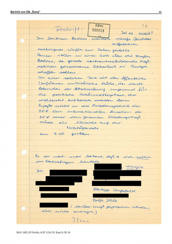 Abschrift der von Kai Feller in Umlauf gebrachten Unterschriftensammlung aus dem Bericht einer inoffiziellen Mitarbeiterin des Ministeriums für Staatssicherheit. Quelle: BStU, MfS, BV Berlin, AOP 1224/91, Band 6, Bl. 18
