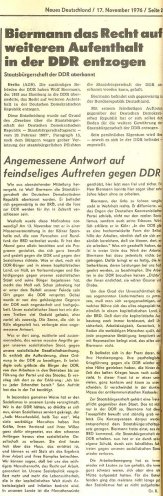 Am 17. November 1976 gibt die SED-Führung im Neuen Deutschland die Ausbürgerung Wolf Biermanns bekannt.