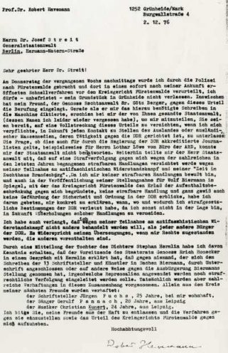 Brief von Robert Havemann an Generalstaatsanwalt Dr. Josef Streit vom 2. Dezember 1976. Havemann protestiert gegen die Verhaftung von Jürgen Fuchs, Gerulf Pannach und Christian Kunert sowie gegen die Absperrung seines Grundstückes in Grünheide.